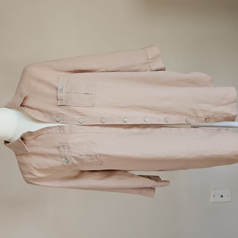 Chicos Linen Button Tunic Blouse No Iron Tan Minimalist Lagenlook Coastal M